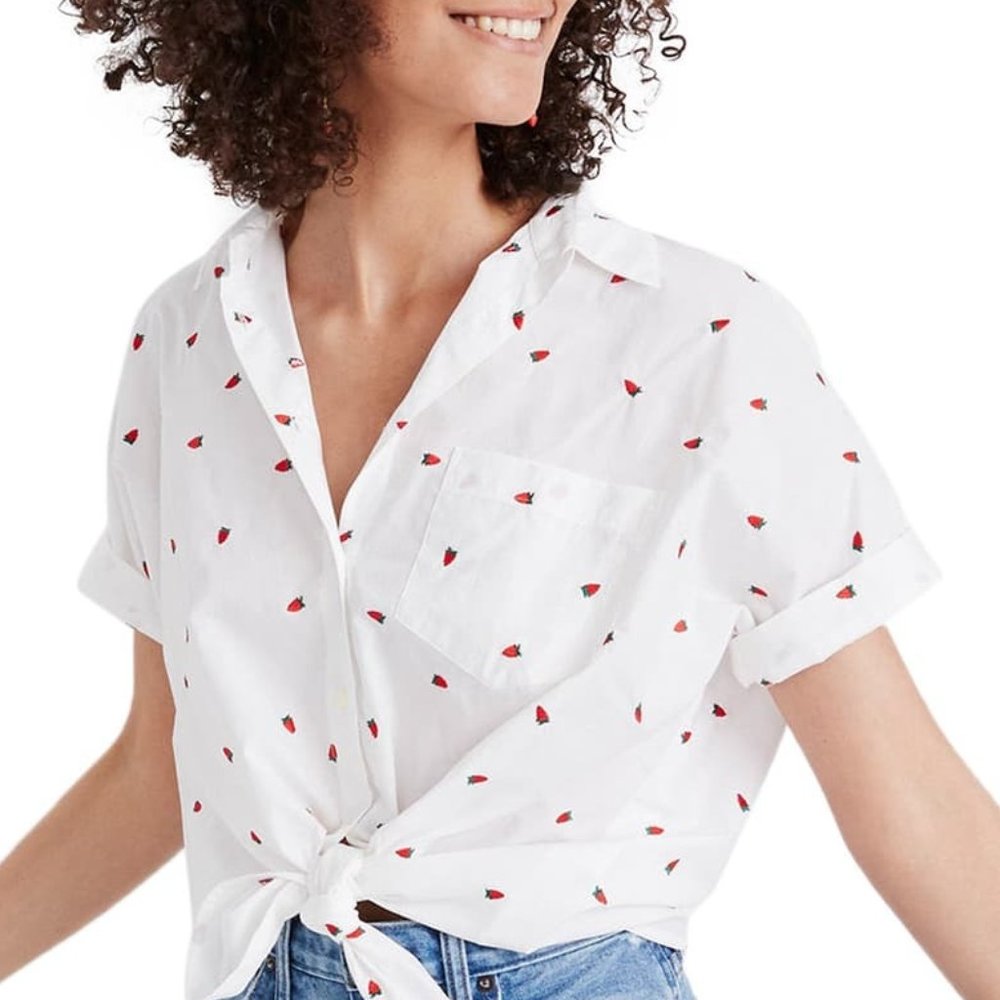 Madewell Strawberry Embroidered Tie Front Shirt